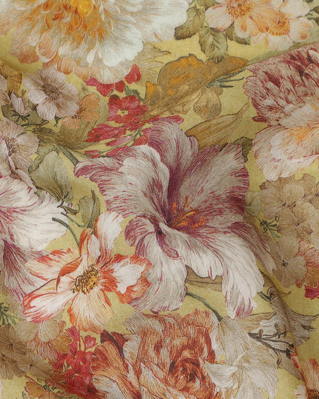 قماش كريب فيسكوز بطبعة زهور عتيقة متعدد الألوان بلون الخردل، عرض 110 سم، صنع في الهند - D23907