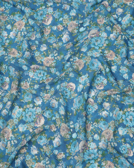 قماش كريب فيسكوز مطبوع عليه زهور وردية زرقاء، عرض 110 سم، صنع في الهند - D23908