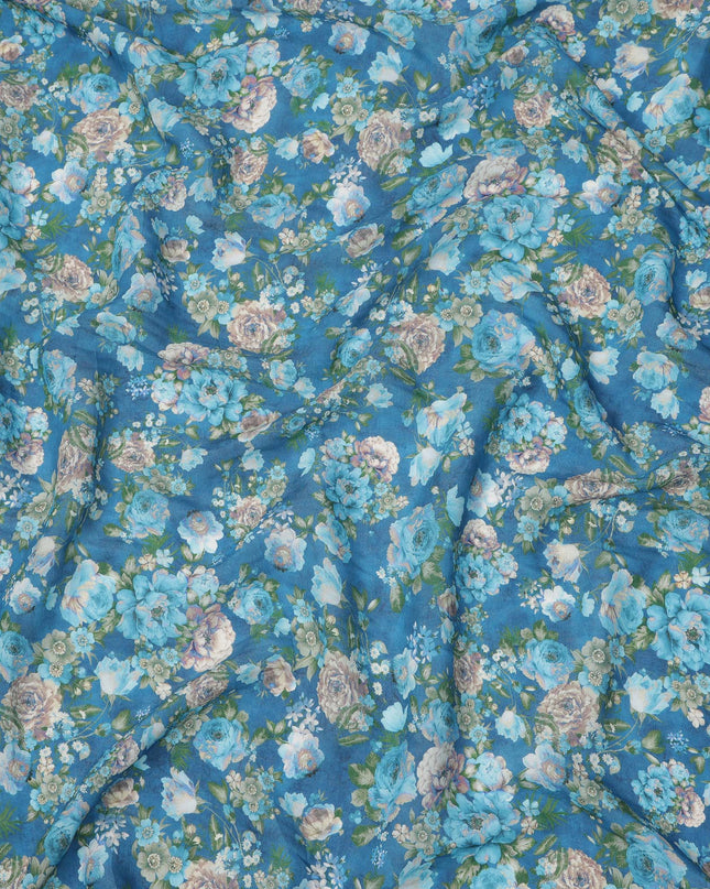 قماش كريب فيسكوز مطبوع عليه زهور وردية زرقاء، عرض 110 سم، صنع في الهند - D23908