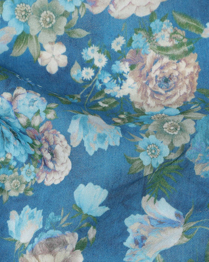 قماش كريب فيسكوز مطبوع عليه زهور وردية زرقاء، عرض 110 سم، صنع في الهند - D23908