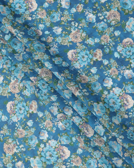 قماش كريب فيسكوز مطبوع عليه زهور وردية زرقاء، عرض 110 سم، صنع في الهند - D23908