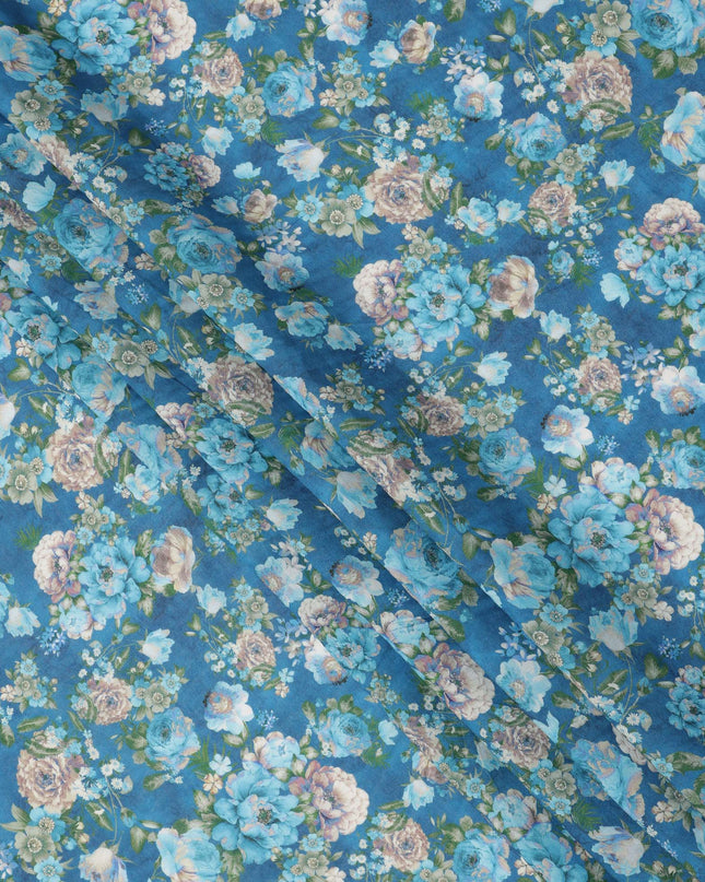 قماش كريب فيسكوز مطبوع عليه زهور وردية زرقاء، عرض 110 سم، صنع في الهند - D23908
