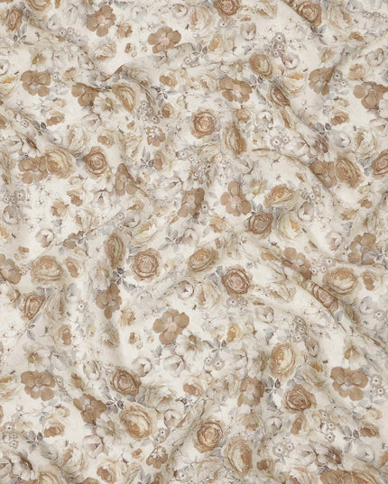 Ivory Beige Vintage Rose Printed Viscose Crepe Fabric, Width 110 Cms, Made in India-D23909