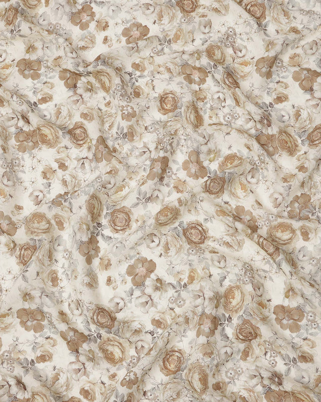 Ivory Beige Vintage Rose Printed Viscose Crepe Fabric, Width 110 Cms, Made in India-D23909