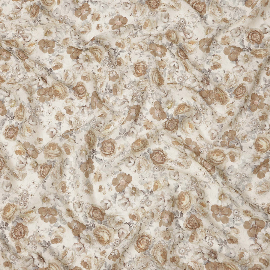 Ivory Beige Vintage Rose Printed Viscose Crepe Fabric, Width 110 Cms, Made in India-D23909