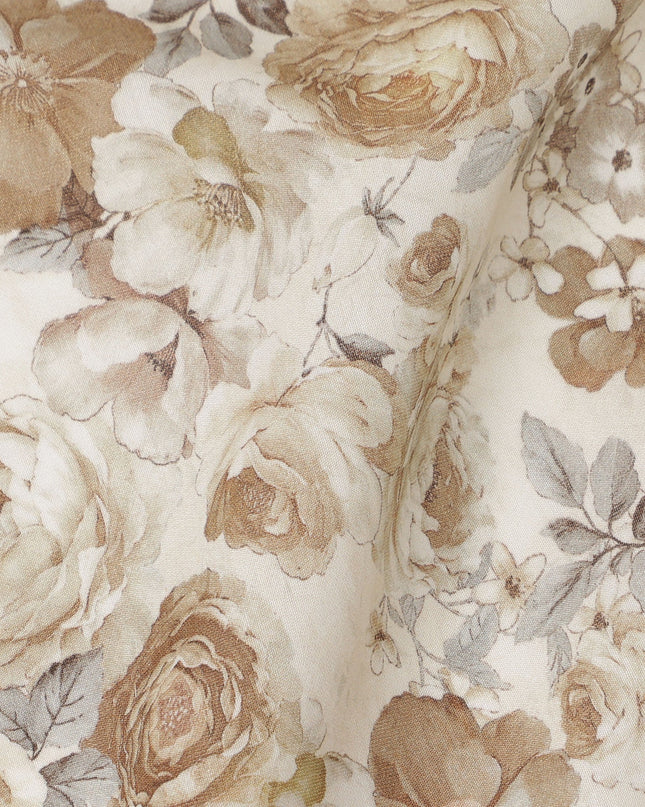 Ivory Beige Vintage Rose Printed Viscose Crepe Fabric, Width 110 Cms, Made in India-D23909