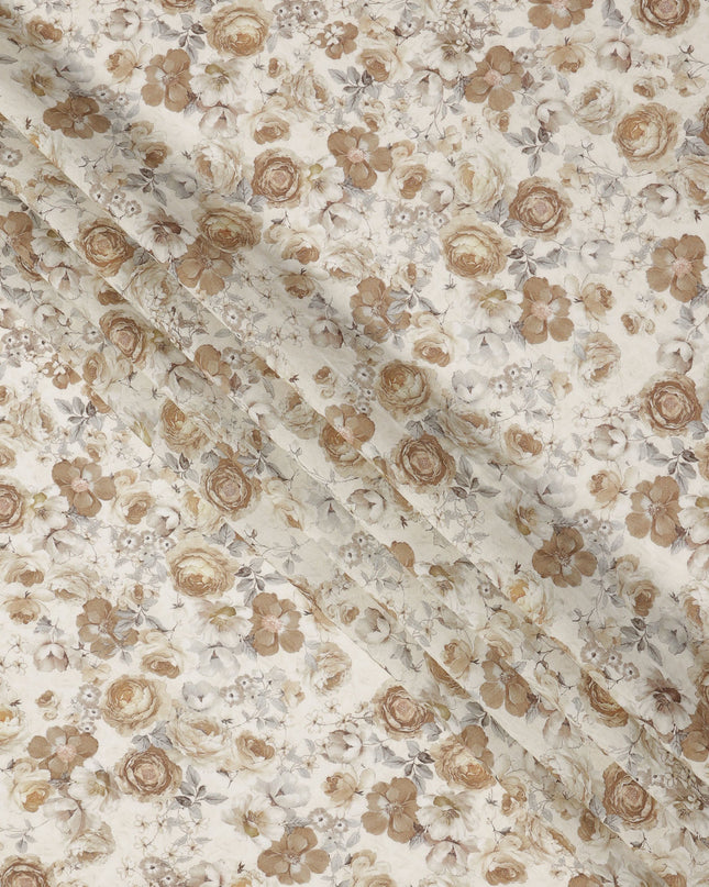 Ivory Beige Vintage Rose Printed Viscose Crepe Fabric, Width 110 Cms, Made in India-D23909