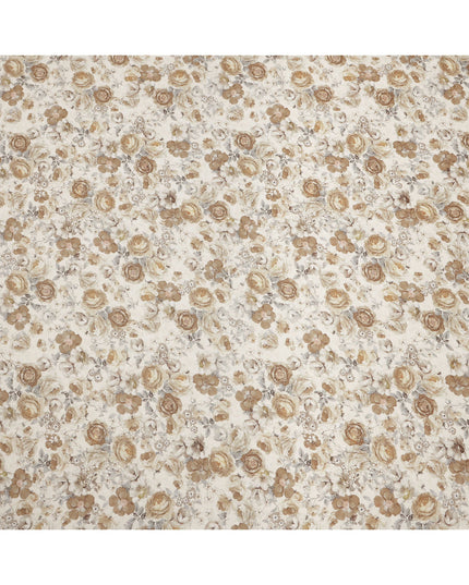 Ivory Beige Vintage Rose Printed Viscose Crepe Fabric, Width 110 Cms, Made in India-D23909
