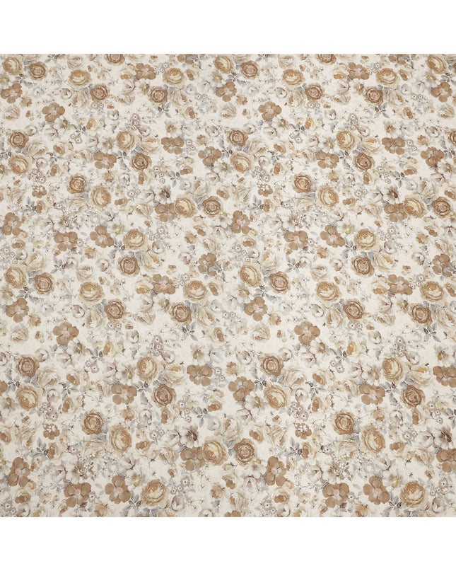 Ivory Beige Vintage Rose Printed Viscose Crepe Fabric, Width 110 Cms, Made in India-D23909
