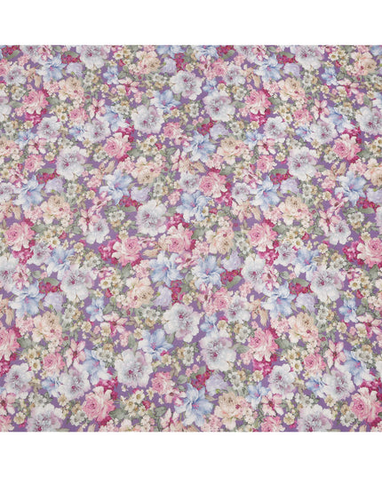 قماش كريب فيسكوز مطبوع عليه زهور الحدائق متعدد الألوان باللون الخزامي، عرض 110 سم، صنع في الهند - D23910
