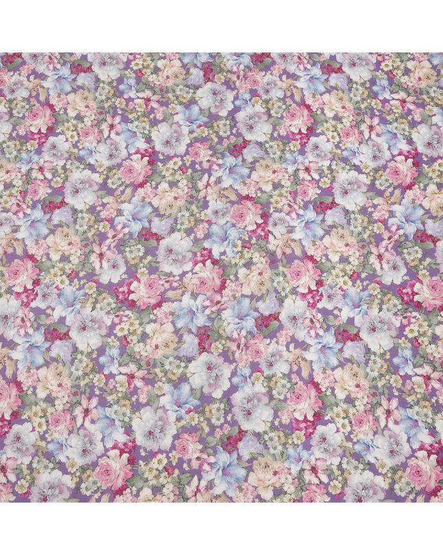 قماش كريب فيسكوز مطبوع عليه زهور الحدائق متعدد الألوان باللون الخزامي، عرض 110 سم، صنع في الهند - D23910