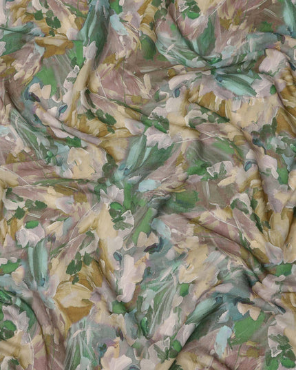 Olive Green Multicolor Brushstroke Floral Printed Viscose Crepe Fabric, Width 110 Cms, Made in India-D23913 - Regal Fabrics