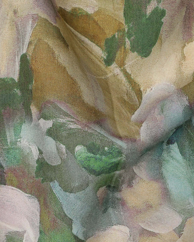 Olive Green Multicolor Brushstroke Floral Printed Viscose Crepe Fabric, Width 110 Cms, Made in India-D23913 - Regal Fabrics