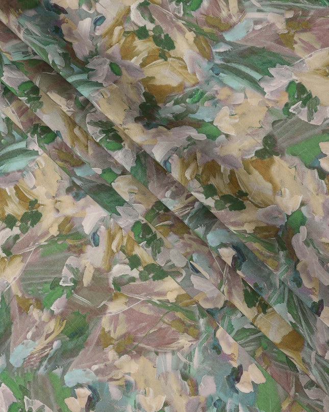 Olive Green Multicolor Brushstroke Floral Printed Viscose Crepe Fabric, Width 110 Cms, Made in India-D23913 - Regal Fabrics