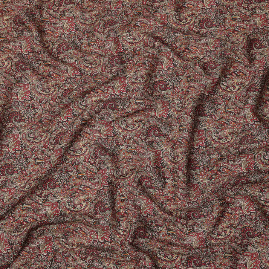 Maroon Black Multicolor Ethnic Paisley Animal Printed Viscose Crepe Fabric, Width 110 Cms, Made in India-D23914