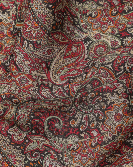 Maroon Black Multicolor Ethnic Paisley Animal Printed Viscose Crepe Fabric, Width 110 Cms, Made in India-D23914