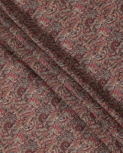 Maroon Black Multicolor Ethnic Paisley Animal Printed Viscose Crepe Fabric, Width 110 Cms, Made in India-D23914