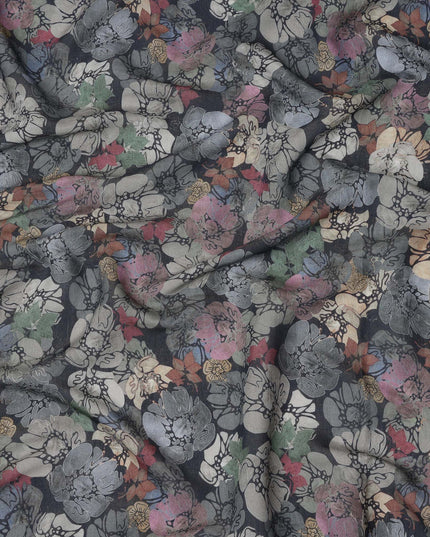 Charcoal Black Multicolor Floral Sketch Printed Viscose Crepe Fabric, Width 110 Cms, Made in India-D23916