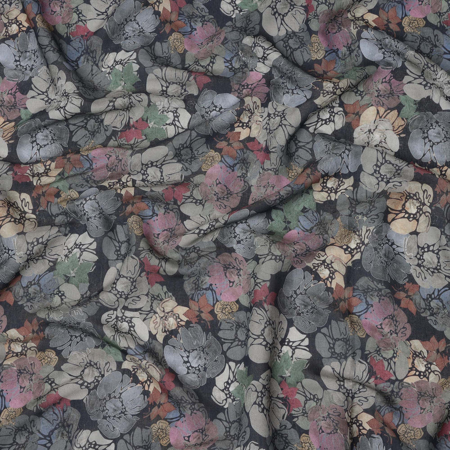 Charcoal Black Multicolor Floral Sketch Printed Viscose Crepe Fabric, Width 110 Cms, Made in India-D23916
