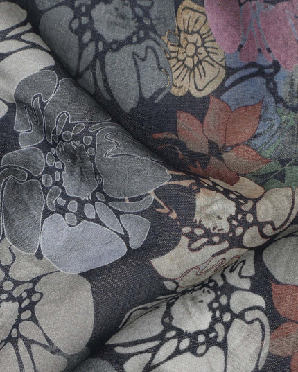 Charcoal Black Multicolor Floral Sketch Printed Viscose Crepe Fabric, Width 110 Cms, Made in India-D23916