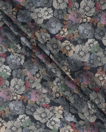 Charcoal Black Multicolor Floral Sketch Printed Viscose Crepe Fabric, Width 110 Cms, Made in India-D23916