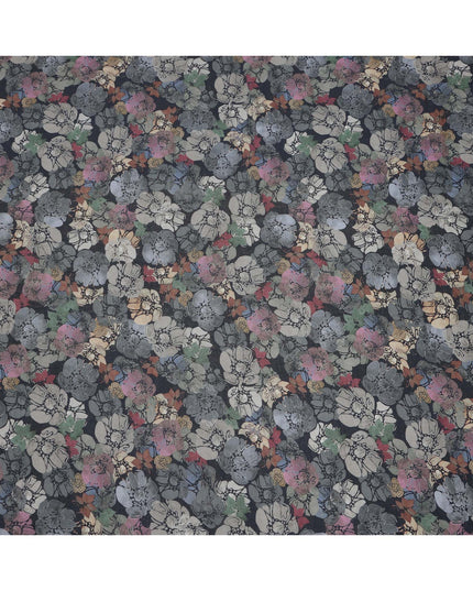 Charcoal Black Multicolor Floral Sketch Printed Viscose Crepe Fabric, Width 110 Cms, Made in India-D23916