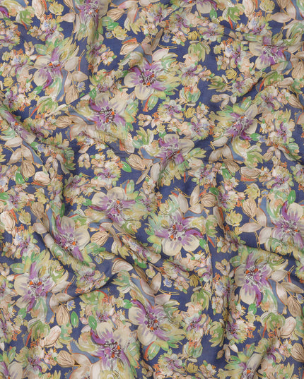 Navy Blue Beige Green Lilac Tropical Floral Printed Viscose Crepe Fabric, Width 110 Cms, Made in India-D23917 - Regal Fabrics