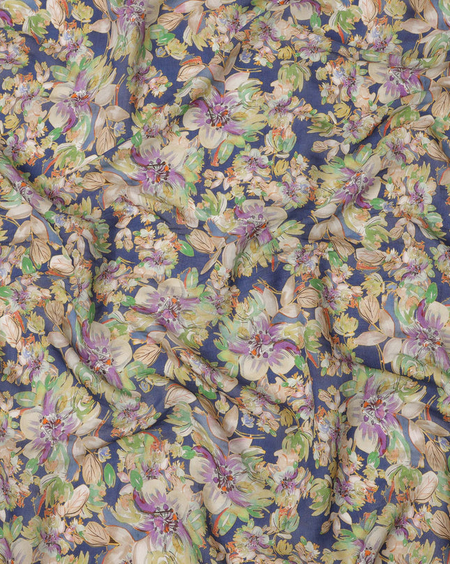 Navy Blue Beige Green Lilac Tropical Floral Printed Viscose Crepe Fabric, Width 110 Cms, Made in India-D23917 - Regal Fabrics