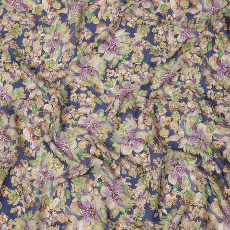 Navy Blue Beige Green Lilac Tropical Floral Printed Viscose Crepe Fabric, Width 110 Cms, Made in India-D23917 - Regal Fabrics