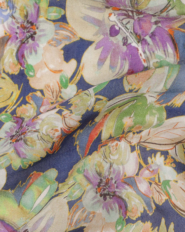 Navy Blue Beige Green Lilac Tropical Floral Printed Viscose Crepe Fabric, Width 110 Cms, Made in India-D23917 - Regal Fabrics