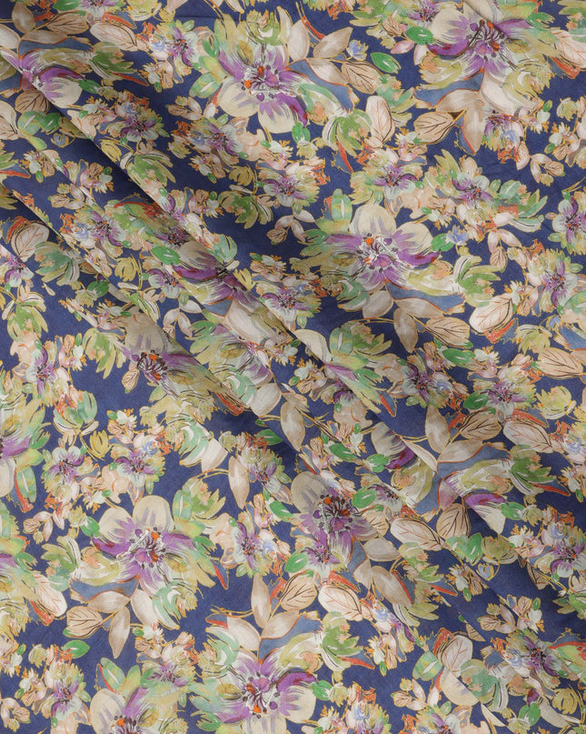 Navy Blue Beige Green Lilac Tropical Floral Printed Viscose Crepe Fabric, Width 110 Cms, Made in India-D23917 - Regal Fabrics