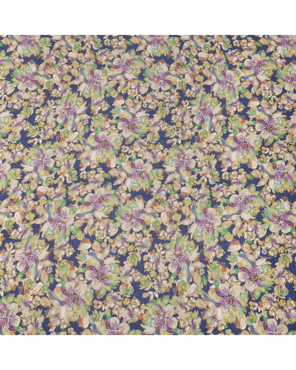 Navy Blue Beige Green Lilac Tropical Floral Printed Viscose Crepe Fabric, Width 110 Cms, Made in India-D23917 - Regal Fabrics