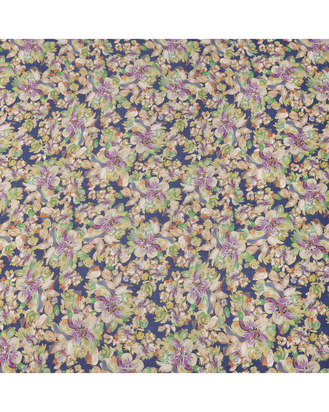 Navy Blue Beige Green Lilac Tropical Floral Printed Viscose Crepe Fabric, Width 110 Cms, Made in India-D23917 - Regal Fabrics