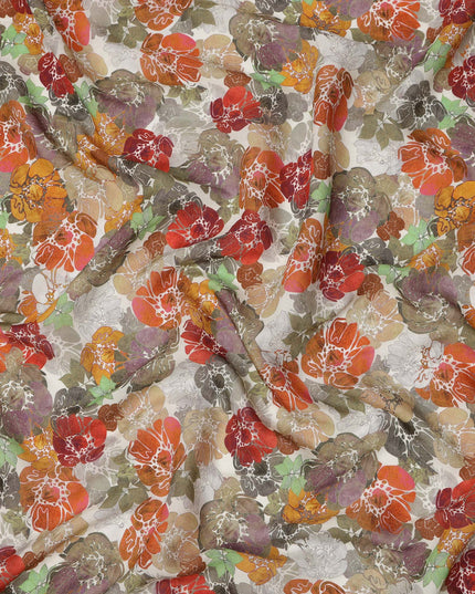 Ivory Base Multicolor Abstract Floral Printed Viscose Crepe Fabric, Width 110 Cms, Made in India-D23918