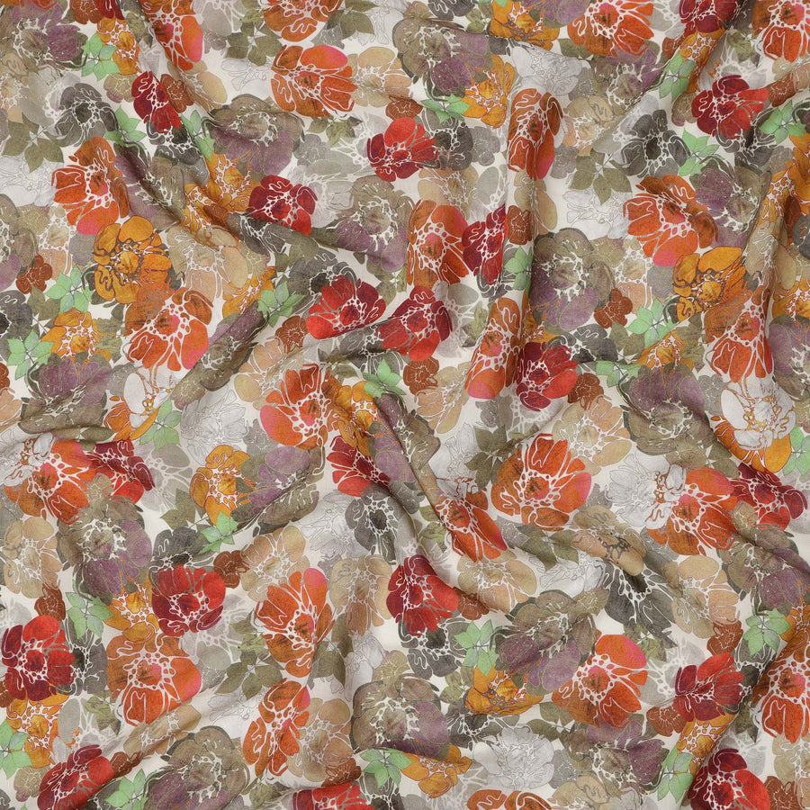 Ivory Base Multicolor Abstract Floral Printed Viscose Crepe Fabric, Width 110 Cms, Made in India-D23918