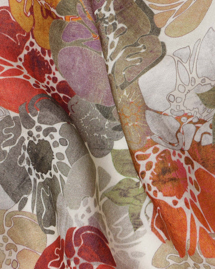 Ivory Base Multicolor Abstract Floral Printed Viscose Crepe Fabric, Width 110 Cms, Made in India-D23918