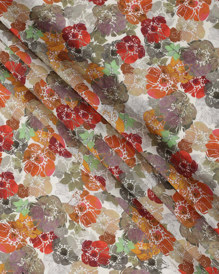Ivory Base Multicolor Abstract Floral Printed Viscose Crepe Fabric, Width 110 Cms, Made in India-D23918