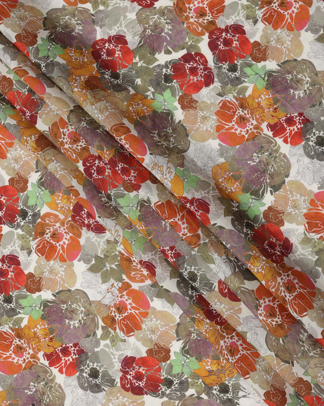 قماش كريب فيسكوز بطبعة زهور تجريدية متعدد الألوان، قاعدة عاجية، عرض 110 سم، صنع في الهند - D23918