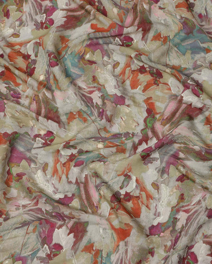Beige Base Multicolor Painterly Floral Printed Viscose Crepe Fabric, Width 110 Cms, Made in India-D23919