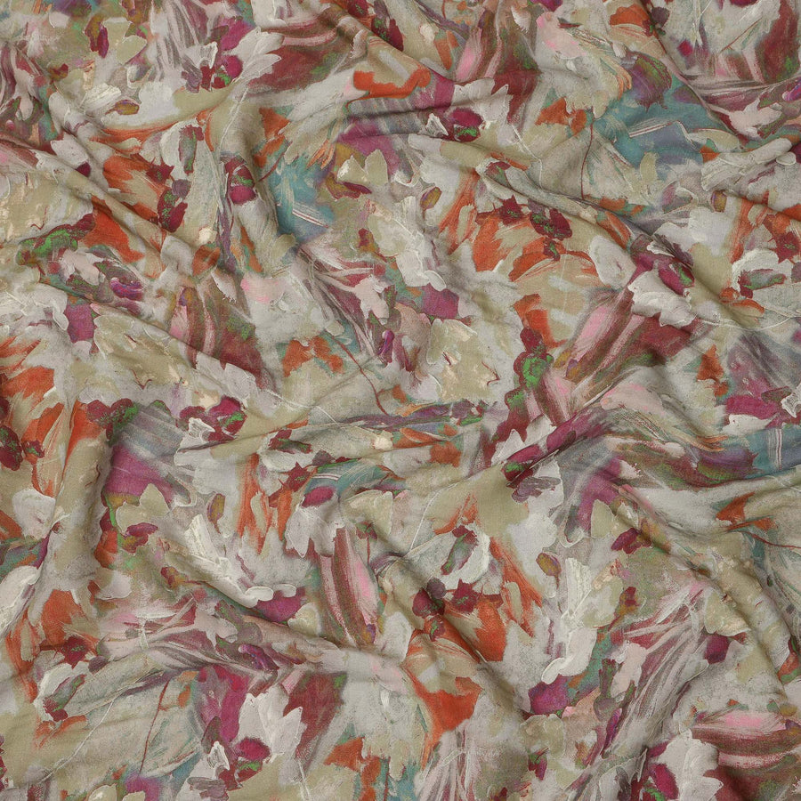 Beige Base Multicolor Painterly Floral Printed Viscose Crepe Fabric, Width 110 Cms, Made in India-D23919