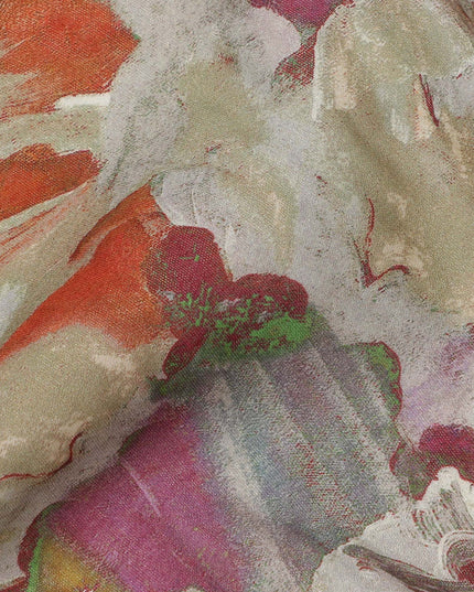 Beige Base Multicolor Painterly Floral Printed Viscose Crepe Fabric, Width 110 Cms, Made in India-D23919