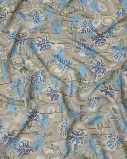 Beige Base Blue and Grey Abstract Floral Printed Viscose Crepe Fabric, Width 110 Cms, Made in India-D23920