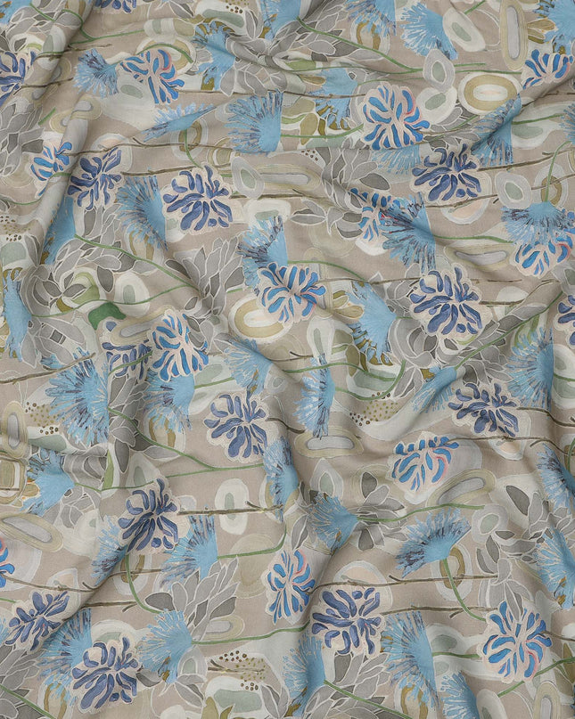 Beige Base Blue and Grey Abstract Floral Printed Viscose Crepe Fabric, Width 110 Cms, Made in India-D23920