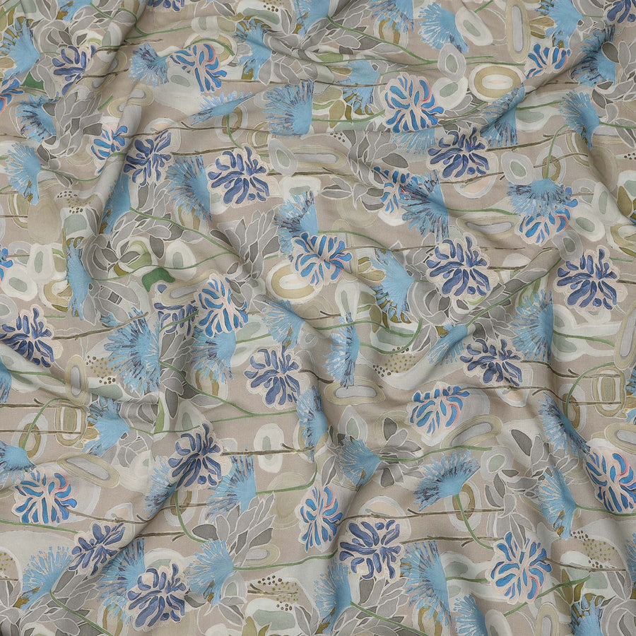Beige Base Blue and Grey Abstract Floral Printed Viscose Crepe Fabric, Width 110 Cms, Made in India-D23920