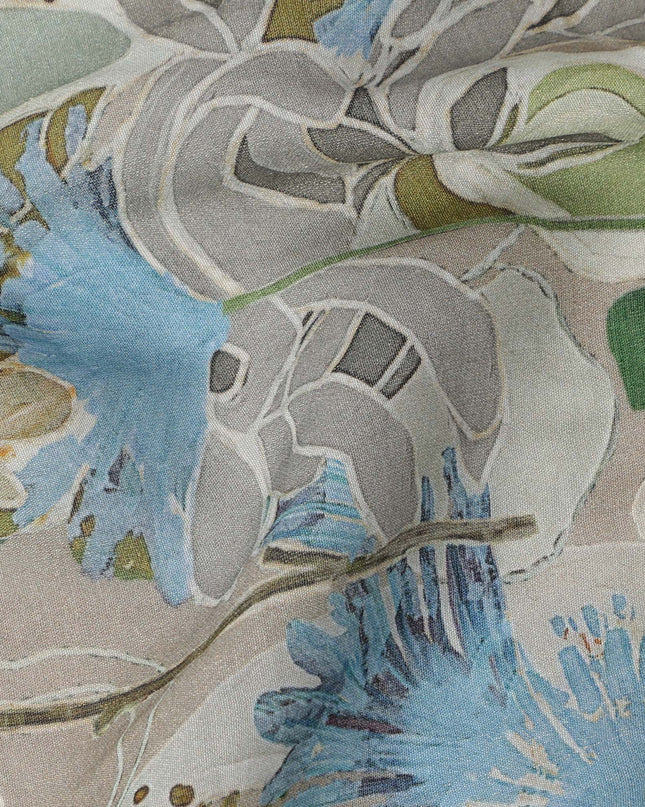 Beige Base Blue and Grey Abstract Floral Printed Viscose Crepe Fabric, Width 110 Cms, Made in India-D23920