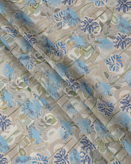 Beige Base Blue and Grey Abstract Floral Printed Viscose Crepe Fabric, Width 110 Cms, Made in India-D23920