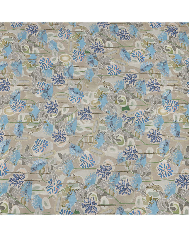 Beige Base Blue and Grey Abstract Floral Printed Viscose Crepe Fabric, Width 110 Cms, Made in India-D23920
