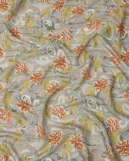 Beige Base Yellow and Orange Abstract Floral Printed Viscose Crepe Fabric, Width 110 Cms, Made in India-D23921