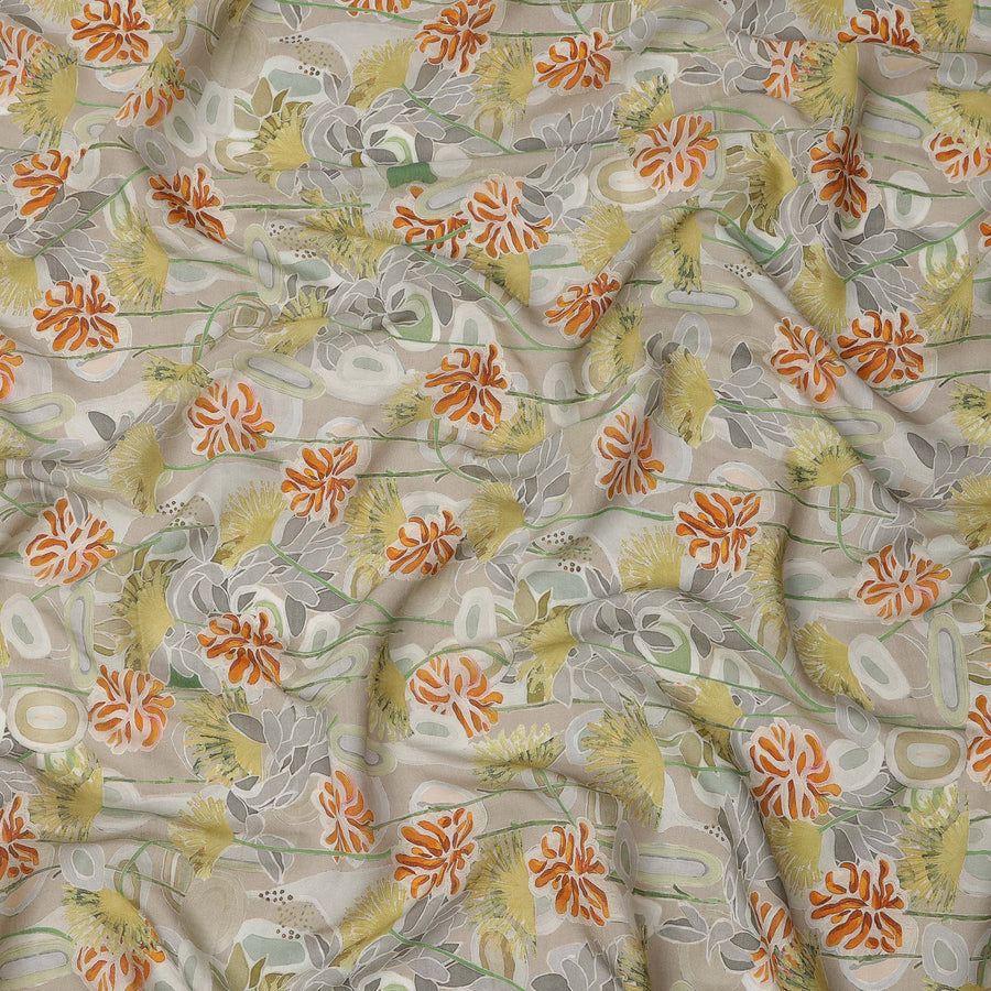 Beige Base Yellow and Orange Abstract Floral Printed Viscose Crepe Fabric, Width 110 Cms, Made in India-D23921