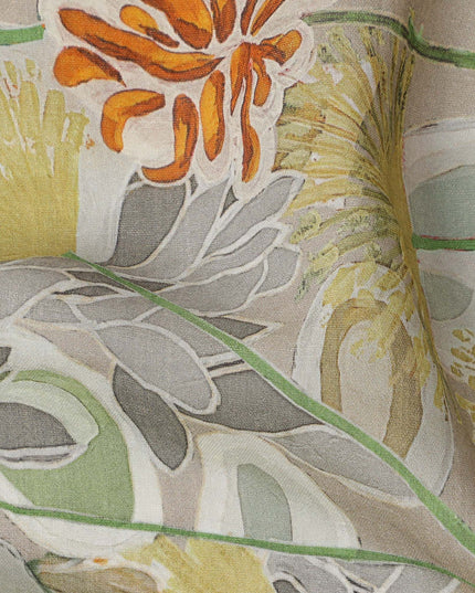 Beige Base Yellow and Orange Abstract Floral Printed Viscose Crepe Fabric, Width 110 Cms, Made in India-D23921